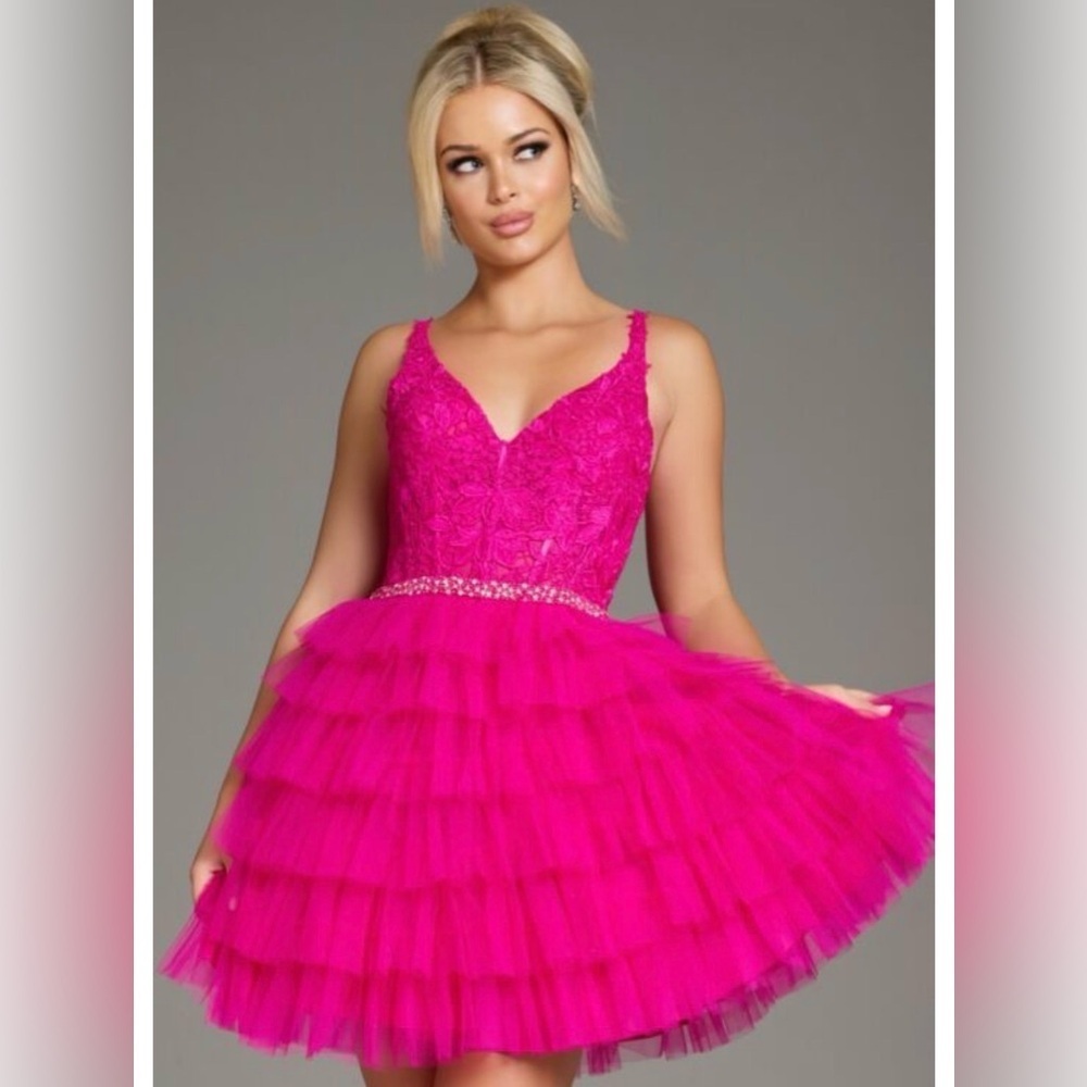 Jovani Fuchsia Lace Tiered Kids Dress